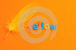 A yellow feather with the word yellow