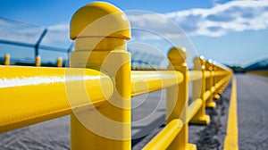 A yellow fence with a blue sky in the background, AI