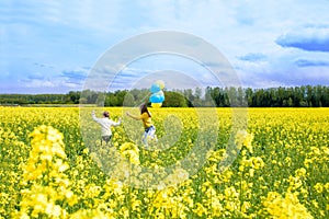 yellow field, blue sky, white clouds. Running cute kids kids with blue and yellow balloons. The concept of freedom