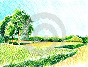 A yellow field with bright green trees on a rough paper