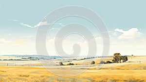 Yellow Field With Growing Wheat: Realistic Landscape Inspired By Graphic Novels
