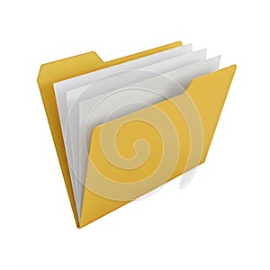 A yellow file folder containing several documents on a white background