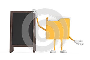 Yellow File Folder Icon Cartoon Person Character Mascot with Blank Wooden Menu Blackboards Outdoor Display. 3d Rendering