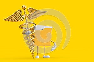 Yellow File Folder Icon Cartoon Person Character Mascot with Golden Medical Caduceus Symbol. 3d Rendering