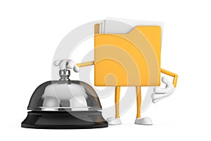 Yellow File Folder Icon Cartoon Person Character Mascot with Hotel Service Bell Call . 3d Rendering