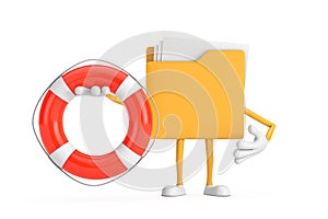 Yellow File Folder Icon Cartoon Person Character Mascot with Life Buoy. 3d Rendering