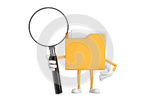 Yellow File Folder Icon Cartoon Person Character Mascot with Magnifying Glass. 3d Rendering