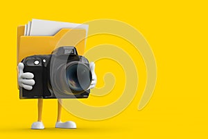 Yellow File Folder Icon Cartoon Person Character Mascot with Modern Digital Photo Camera. 3d Rendering