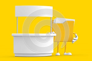 Yellow File Folder Icon Cartoon Person Character Mascot near Blank Promotion Stand with Free Space for Your Design. 3d Rendering