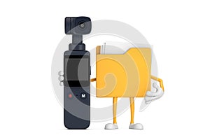 Yellow File Folder Icon Cartoon Person Character Mascot with Pocket Gimbal Action Camera. 3d Rendering