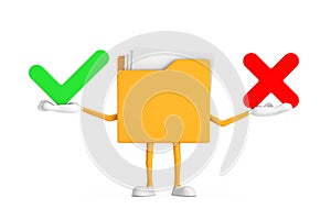 Yellow File Folder Icon Cartoon Person Character Mascot with Red Cross and Green Check Mark, Confirm or Deny, Yes or No Icon Sign