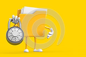 Yellow File Folder Icon Cartoon Person Character Mascot with Silver Combination Padlock. 3d Rendering