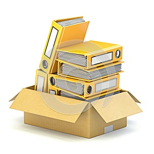 Yellow file folders in cardboard box 3D