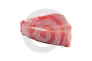 Yellow fin tuna steak isolated on white background. Fresh rare tuna steak isolated on white. Raw yellowfin tuna fillet texture.