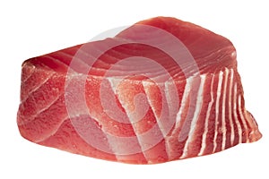 Yellow fin tuna steak isolated on white background. Fresh rare tuna steak isolated on white. Raw yellowfin tuna fillet texture.