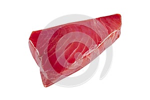 Yellow fin tuna steak isolated on white background. Fresh rare tuna steak isolated on white. Raw yellowfin tuna fillet texture.