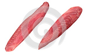 Yellow fin tuna steak isolated on white background. Fresh rare tuna steak isolated on white. Raw yellowfin tuna fillet texture.