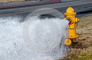 Yellow fire hydrant by four-lane street  gushing water on a winter day