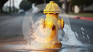 Yellow fire hydrant gushing water across a street with wet highway. Generative AI