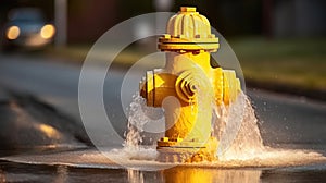 Yellow fire hydrant gushing water across a street with wet highway. Generative AI