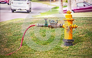 Yellow fire hydrant- water main with valve coupling with meter to attach small red hose for watering