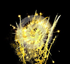 Yellow fireworks display black night sky background isolated close up, golden firecracker burst pattern, gold salute explosion