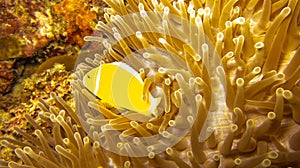 Yellow fish swimming in anemone
