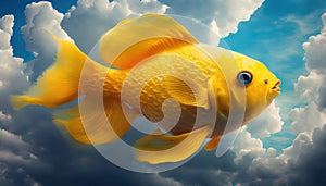 yellow fish swims in the clouds. unrealistic plot