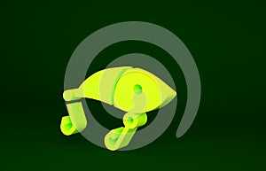 Yellow Fishing lure icon isolated on green background. Fishing tackle. Minimalism concept. 3d illustration 3D render