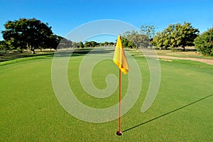 Yellow flag on golf green