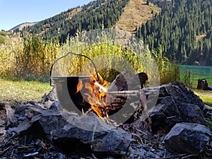 Yellow flames of burning wood on bonfire