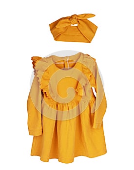 Yellow flare dress with round collar and balloon sleeves, isolated on white background