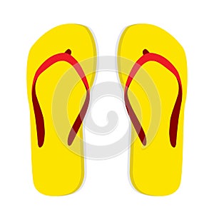 Yellow flip flop with red striped on white