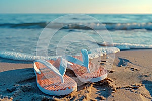 Yellow flip flops on sandy ocean tropical beach with sea wave and blue sky with copy space.