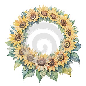 Yellow floral illustration of sunflower and leaves painted in watercolor