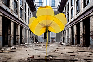 Yellow flower in an abandoned building,  Conceptual image of environmental pollution