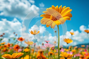 A yellow flower in a field with blue sky