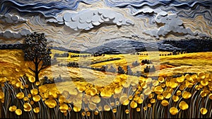 Yellow Flower Field Painting In Paper Sculpture Style