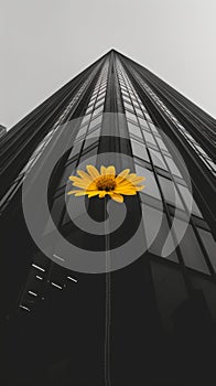 Yellow flower in front of tall building