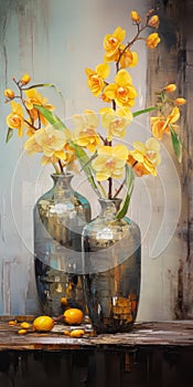 Yellow Flower Glass Vases In Irene Sheri Style - Uhd Image
