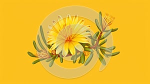 Yellow flower with green leaves, sitting on top of bright yellow background. The flower is positioned in center of