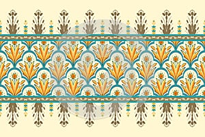 Yellow Flower on Ivory, Green Teal Geometric ethnic oriental pattern traditional Design for background,carpet,wallpaper,clothing,
