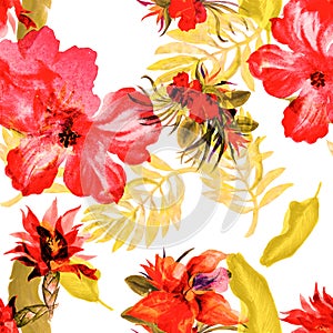 Yellow Flower Leaf. Red Hibiscus Textile. Orange Tropical Texture. Autumn Exotic Background . Seamless Background. Pattern Leaves.