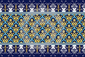 Yellow Flower on Navy Blue, White Geometric ethnic oriental pattern traditional Design for background,carpet,wallpaper,clothing,