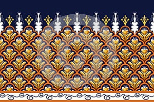 Yellow Flower on Navy Blue, White, Orange Geometric ethnic oriental pattern traditional Design for background,carpet,wallpaper,