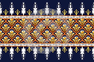 Yellow Flower on Navy Blue, White, Orange Geometric ethnic oriental pattern traditional Design for background,carpet,wallpaper,