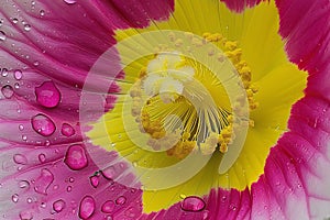 Yellow flower with pink foxes with raindrops of water. Flowering flowers, a symbol of spring, new life