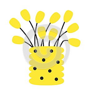 Yellow flower set in vase. Ceramic yellow glass vase with black polka dot pattern. Cute flowers icon collection. Pottery Glass