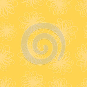 Yellow flower texture seamless vector background. Repeating pattern of abstract flowers in yellow hues. Subtle foliage