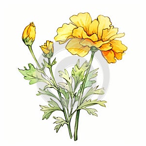 Yellow Flower Watercolor Illustration: Detailed Botanical Art